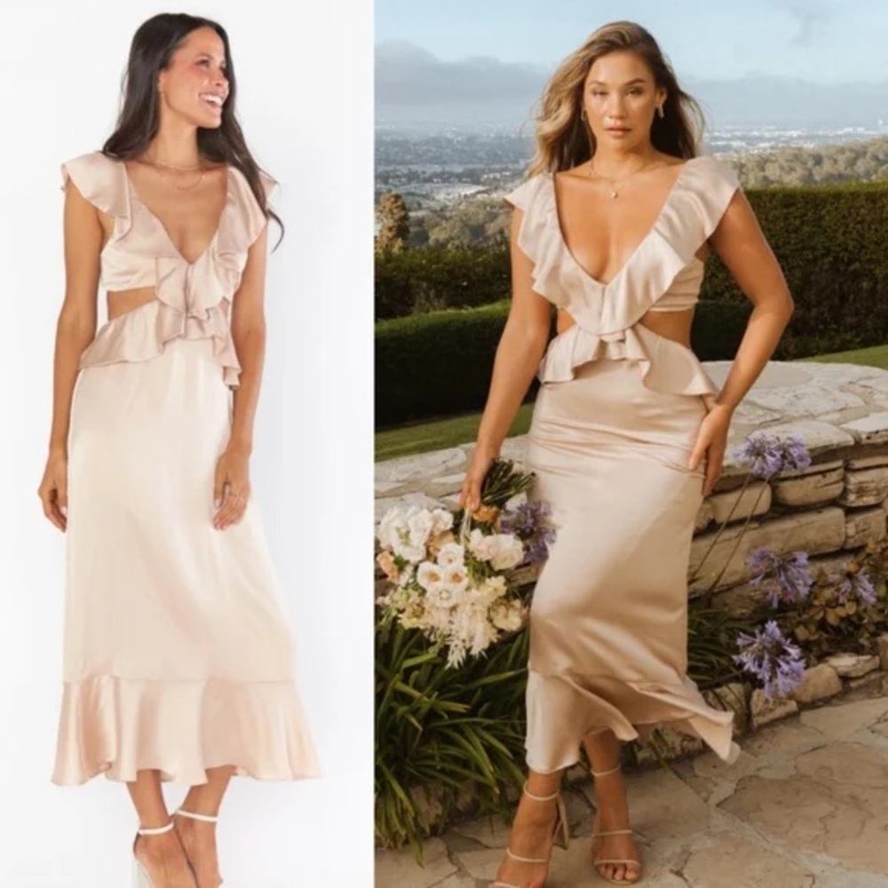 NWT Show Me Your Mumu Zoey Midi Bridesmaid Dress Ruffle Cutout Open Back large